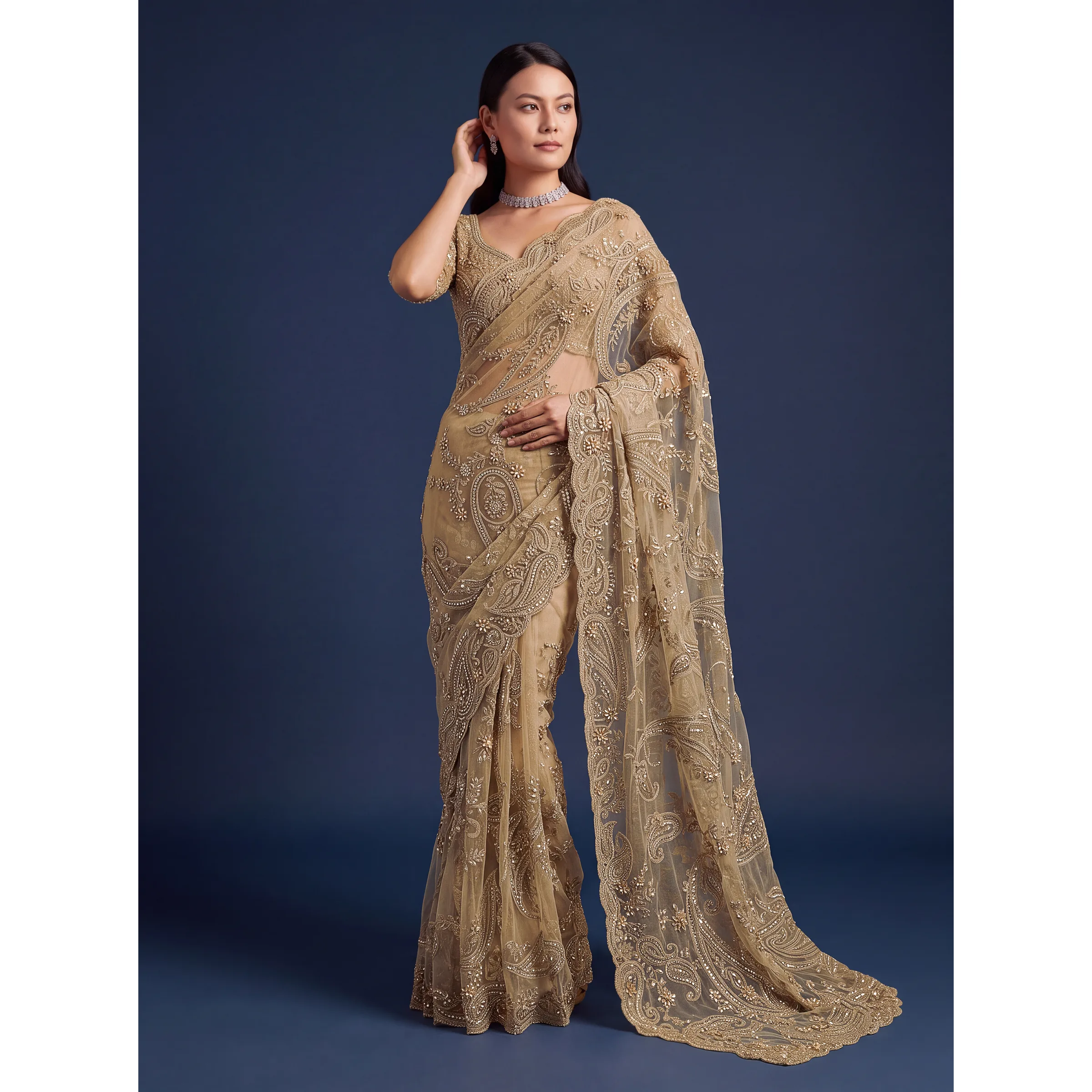 The Katha Gul Saree Beige | Vruxon
