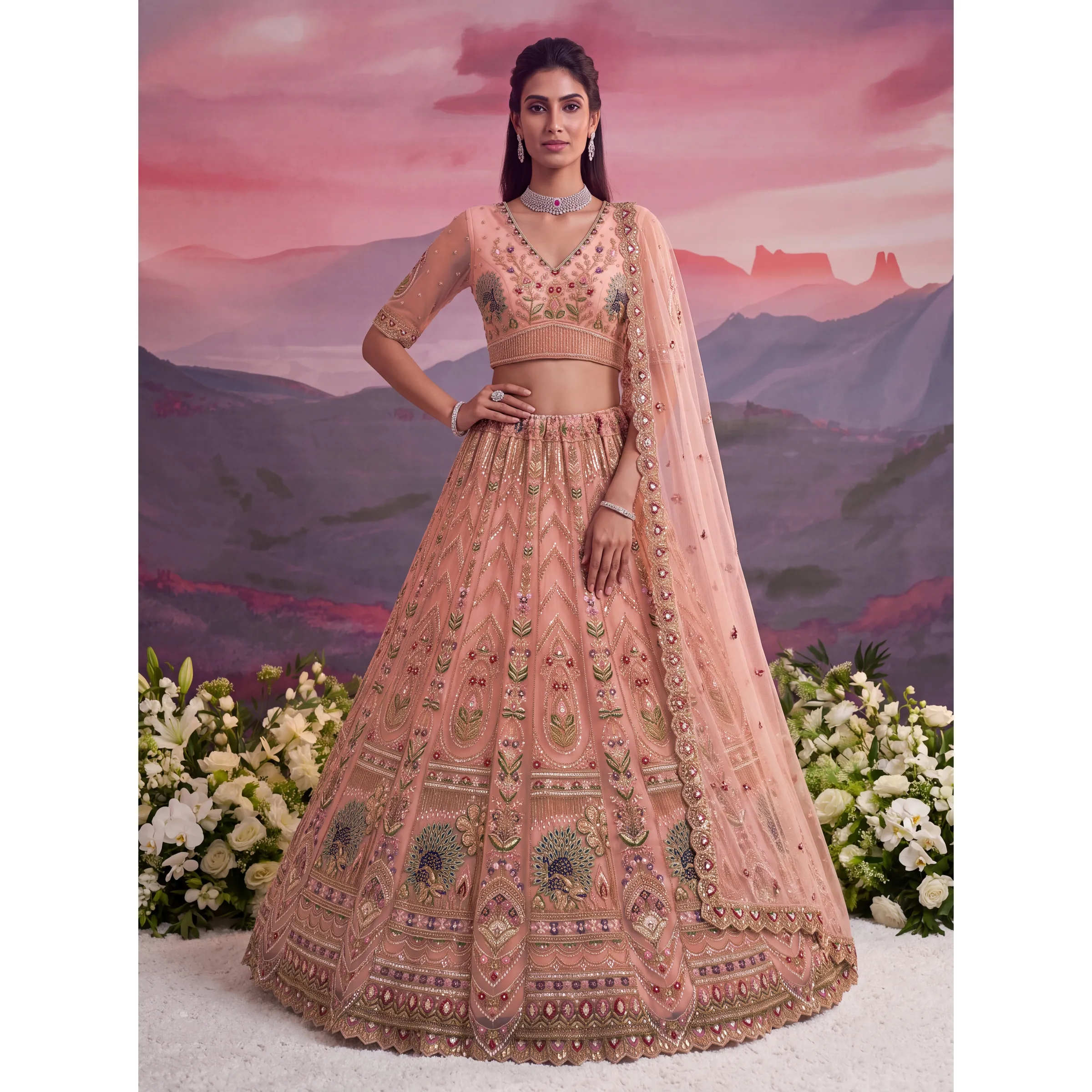 The Mayurika Lehenga Choli Pastel Peach | Vruxon