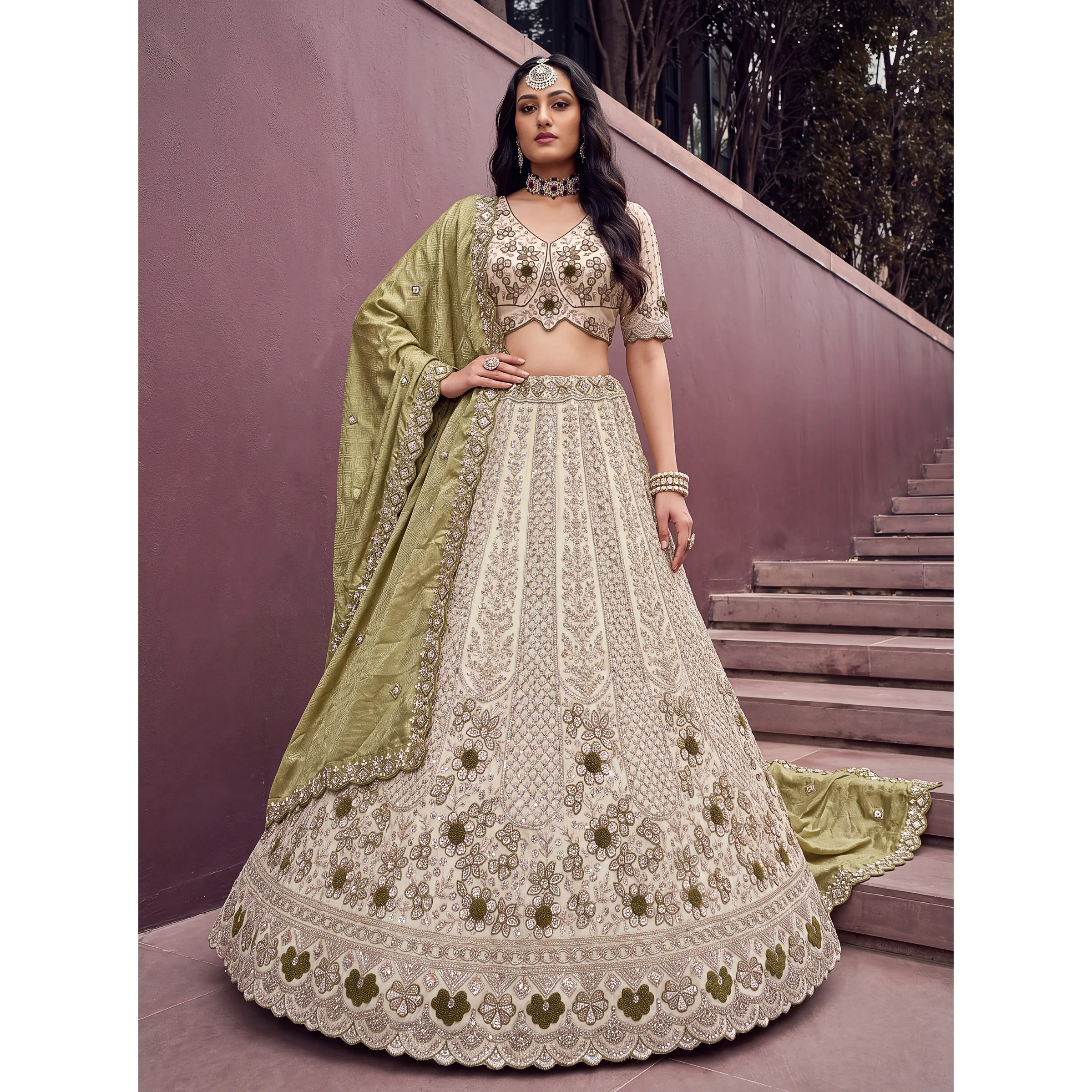 The Avenelle Lehenga Choli Mehendi Green | Vruxon