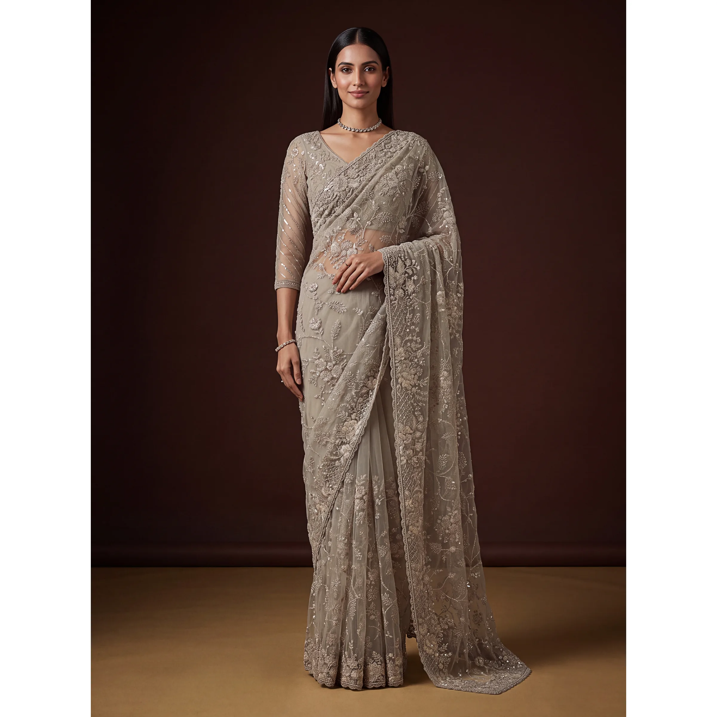 The Aavira Saree Taupe | Vruxon