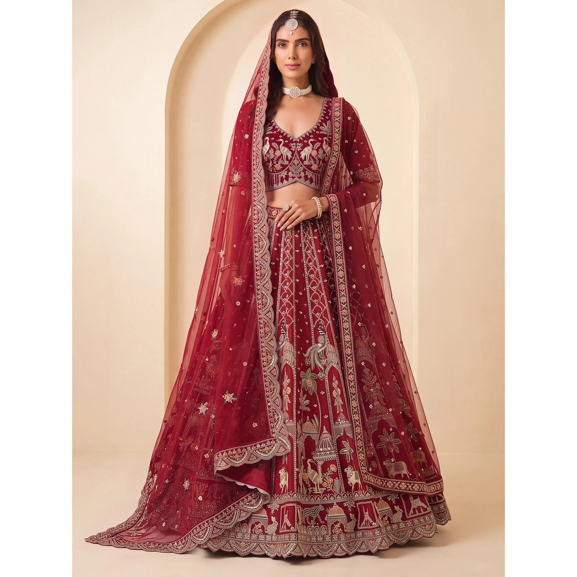 The Shikar Bagh Lehenga Choli Red | Vruxon