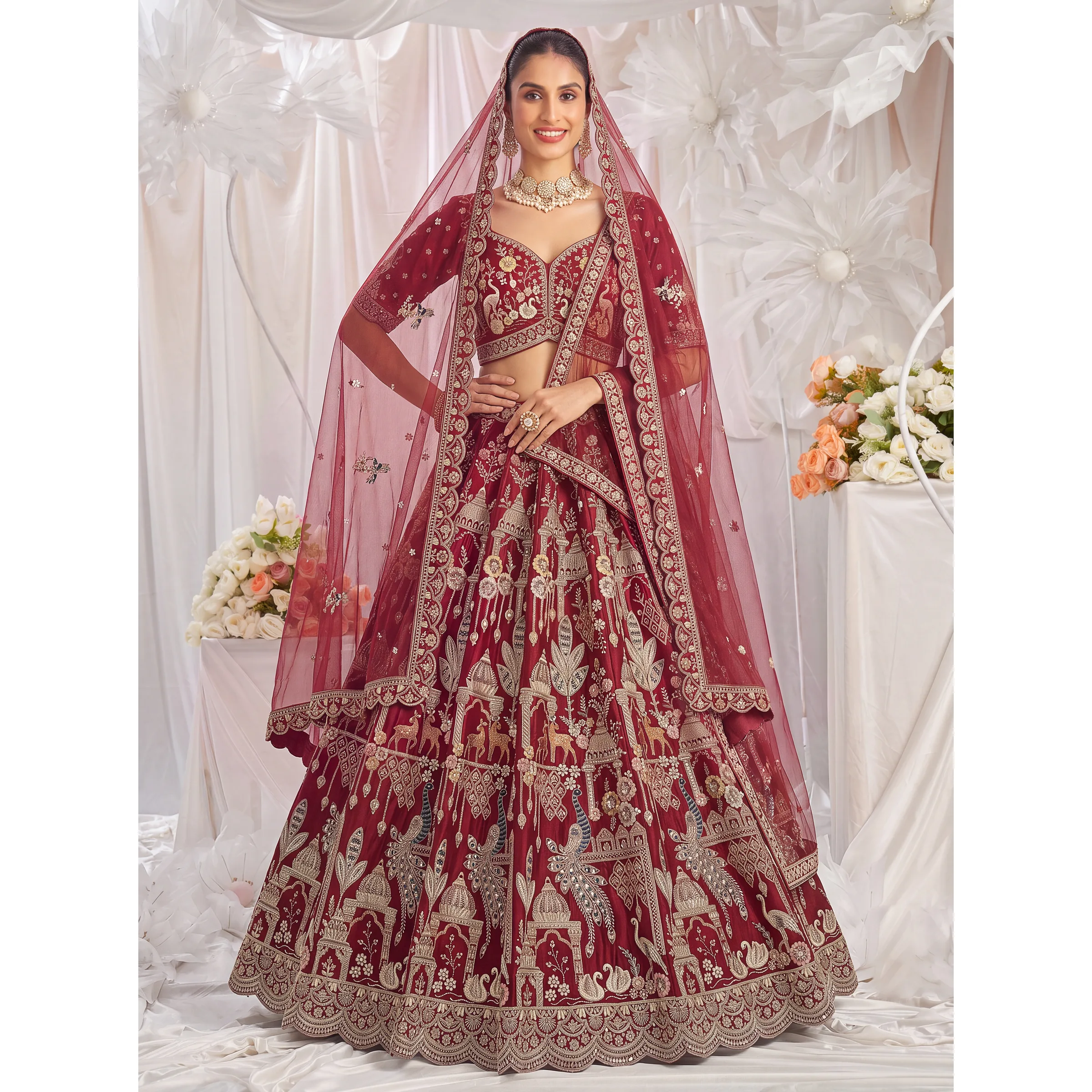 The Mayura Hans Lehenga Choli Red | Vruxon