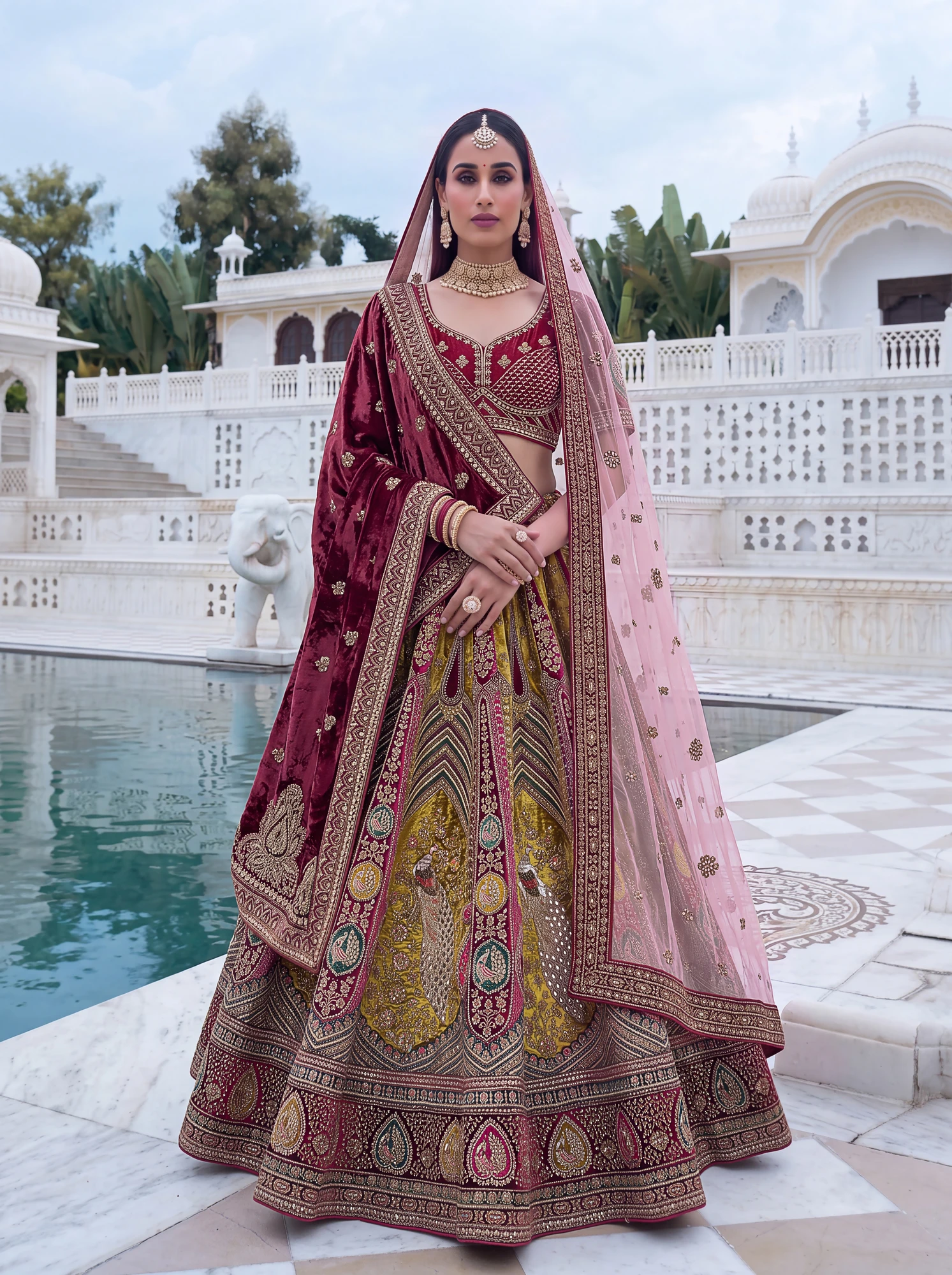 The Mayur Majesty Lehenga Choli Maroon | Vruxon