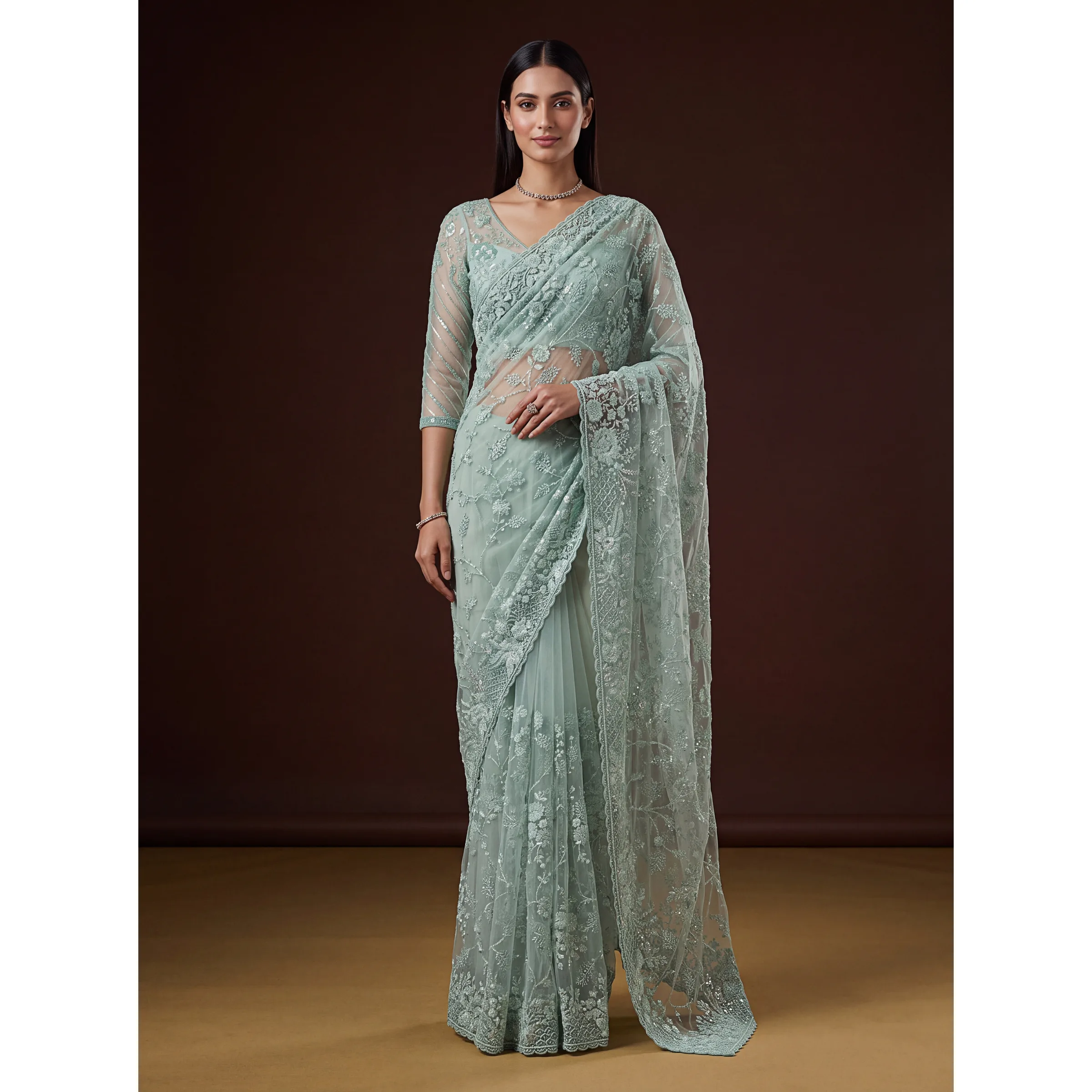 The Aavira Saree Sage Green | Vruxon