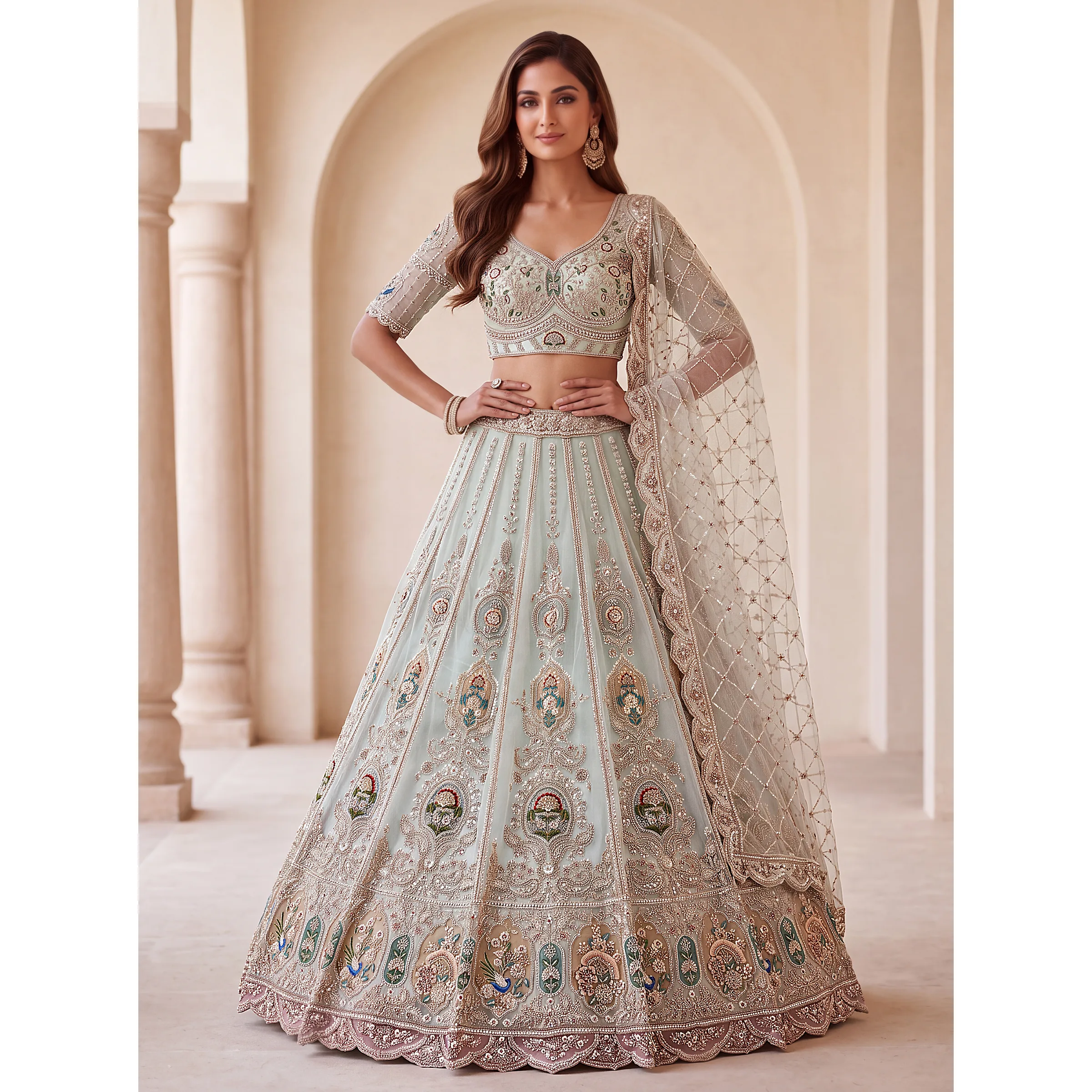 The Elaria Lehenga Choli Sky Blue | Vruxon