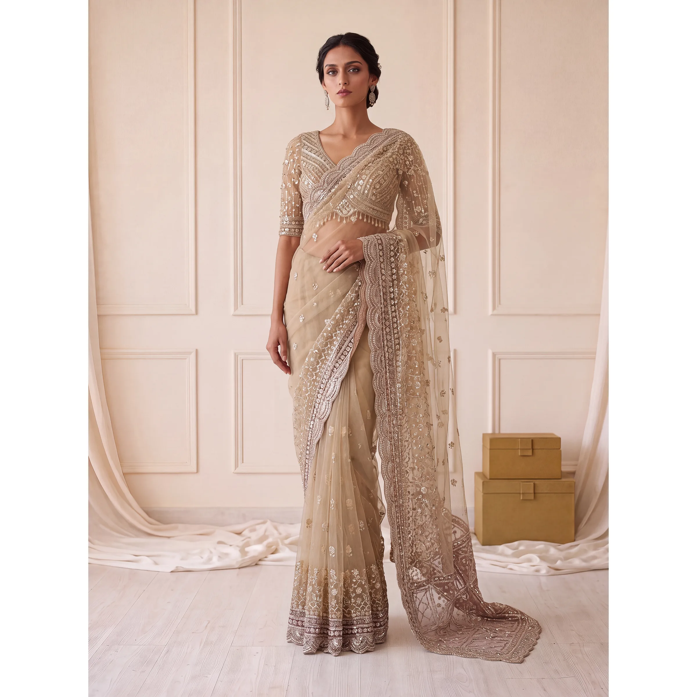 The Chandrima Saree Champagne | Vruxon