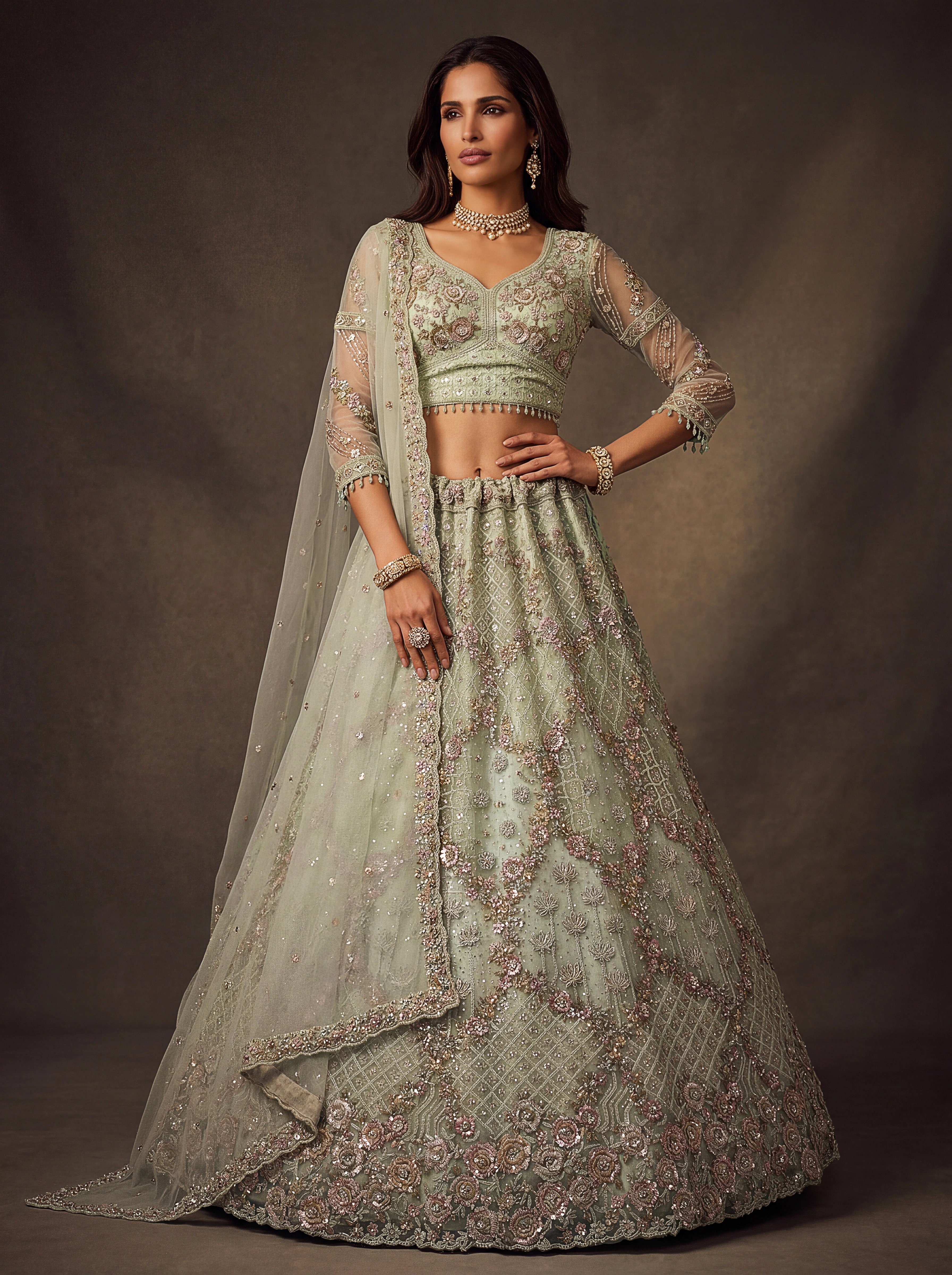 The Rose Bloom Lehenga Choli Mint Green | Vruxon