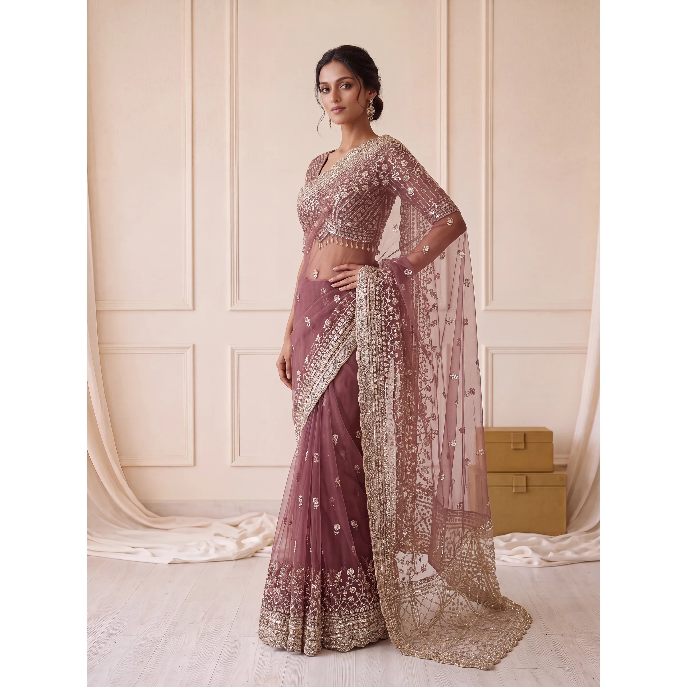 The Chandrima Saree Wine Red | Vruxon