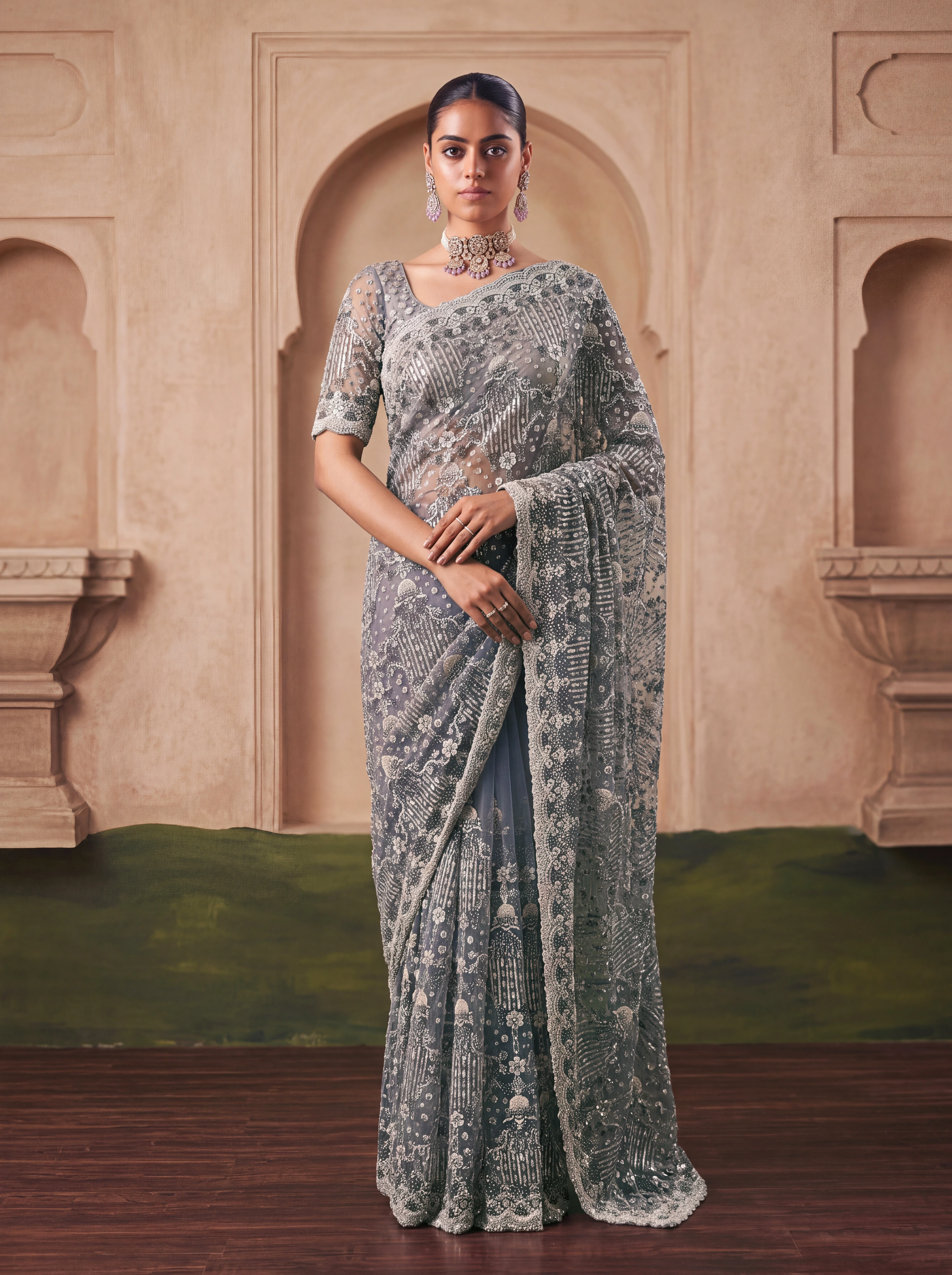 The Royal Fateh Saree Grey | Vruxon