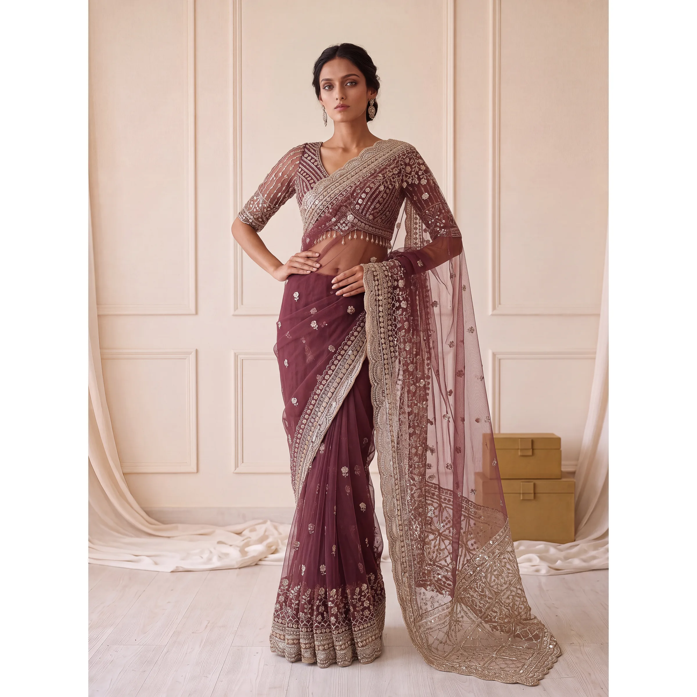 The Chandrima Saree Wine Red | Vruxon