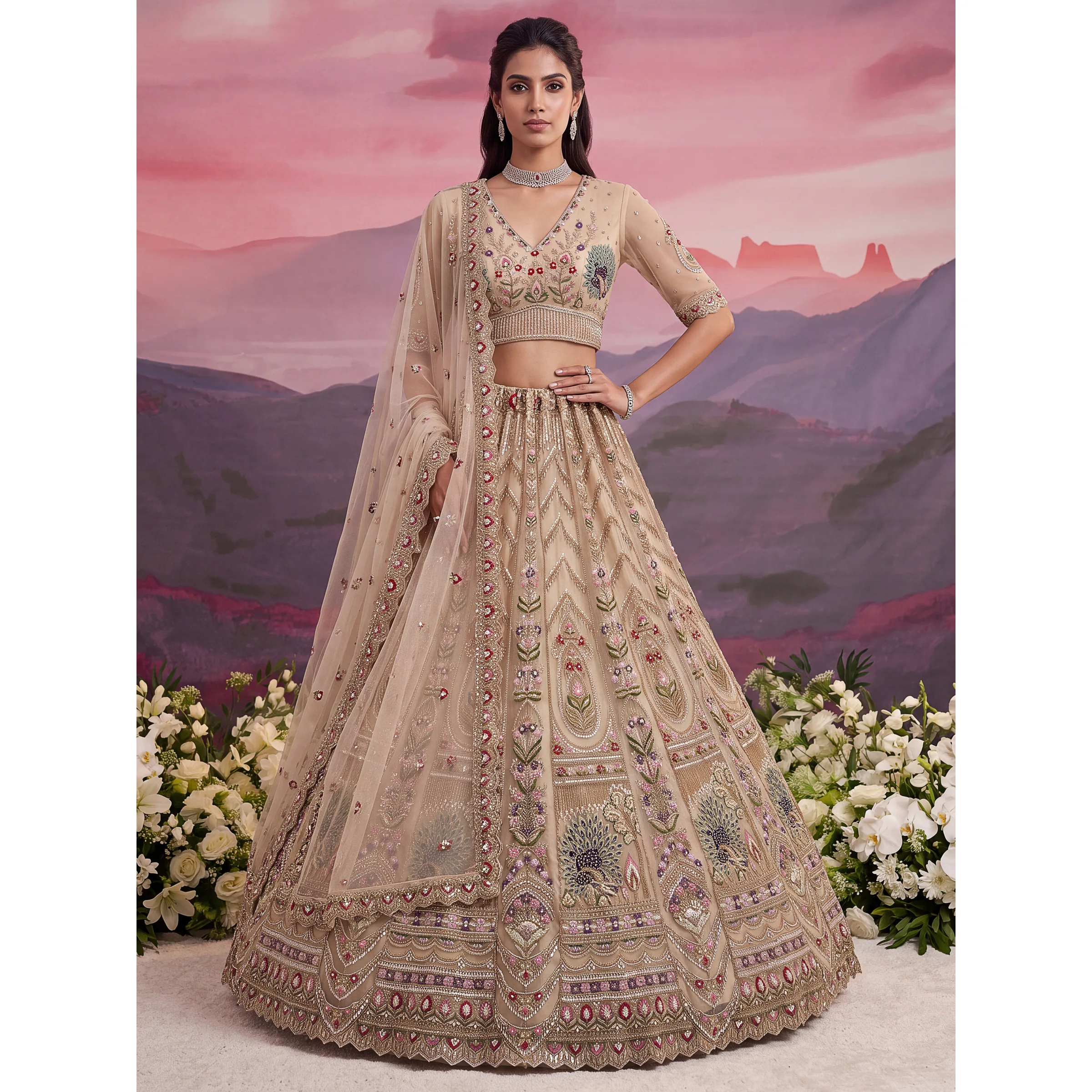 The Mayurika Lehenga Choli Champagne | Vruxon