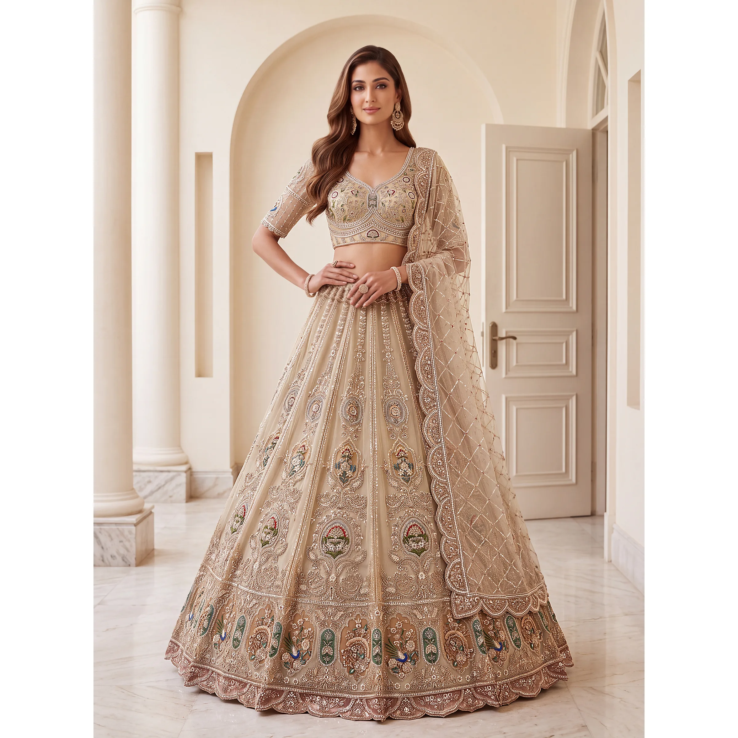 The Elaria Lehenga Choli Champagne | Vruxon